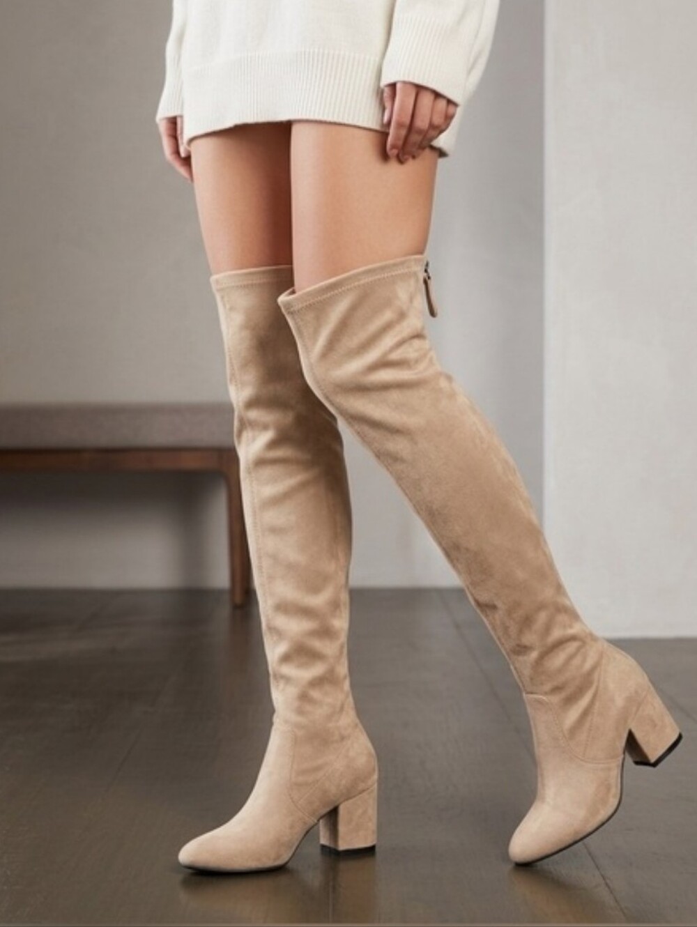 Beige Over-The-Knee Block Heel Boots